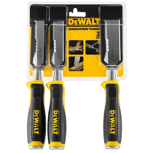 DeWalt 3-piece wood chisel set with black and yellow handles in clear plastic packaging.
