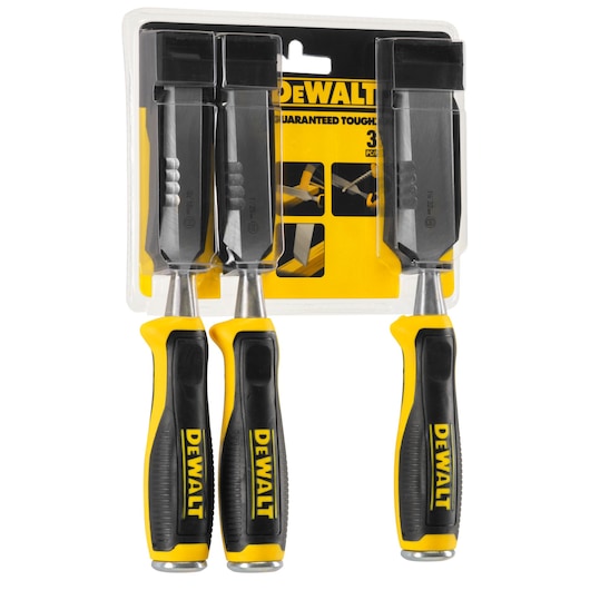 DeWalt 3-piece wood chisel set with yellow and black handles in clear plastic packaging.