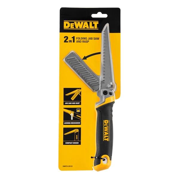 DeWalt 2-in-1 folding jabsaw and rasp in black and yellow packaging with blade partially open