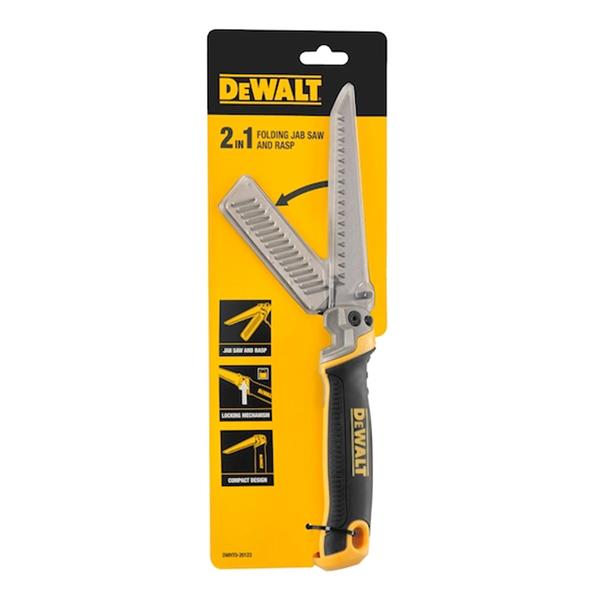 DeWalt folding jabsaw and rasp with black and yellow handle on yellow branded packaging.