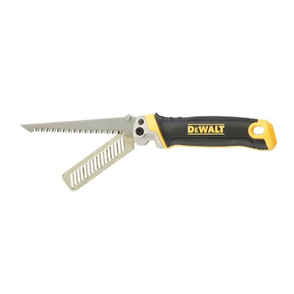 DeWalt folding jabsaw and rasp with black and yellow handle, blade extended and rasp unfolded