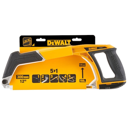 DeWalt 5-in-1 hacksaw with 300mm blade in yellow and black, showing blade length and multi-use icons on packaging.