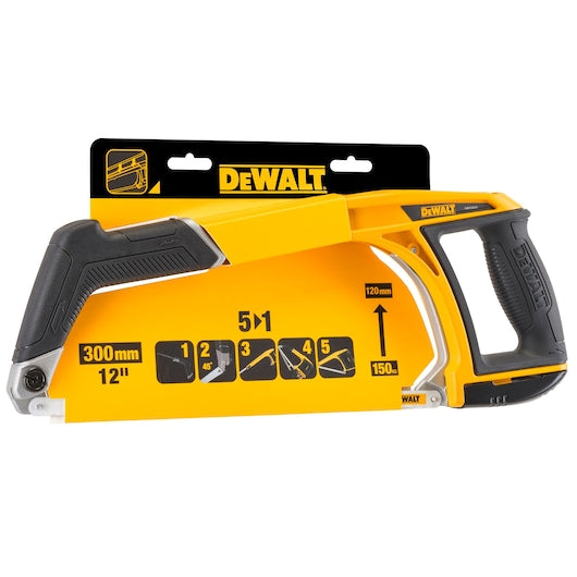 DeWalt 5-in-1 hacksaw with 300mm blade, yellow and black frame, showing multi-angle cutting guide.