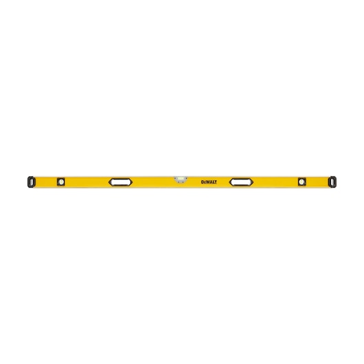 DeWALT 180cm box beam level with three acrylic vials, yellow aluminum body, and black shock-resistant end caps.