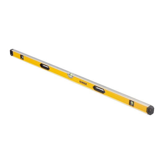 DeWalt 180cm box beam level with yellow body, three bubble vials, and black end caps on white background.