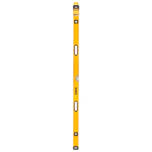 DeWalt 180cm box beam level in yellow with three bubble vials and two cutout handles.