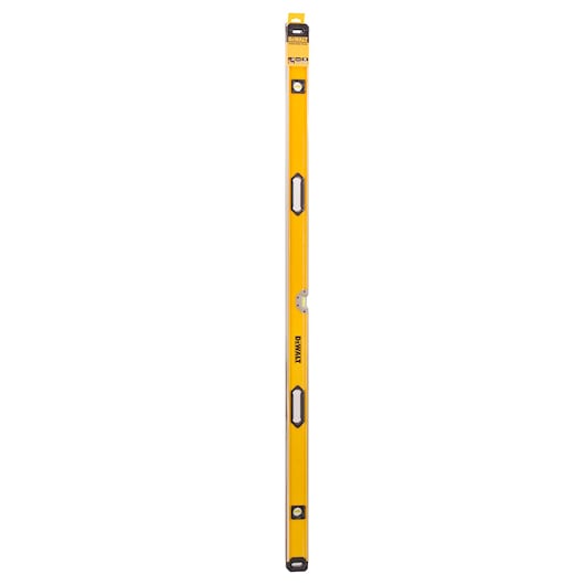DeWalt 180cm box beam level in yellow with three bubble vials and black end caps on white background.