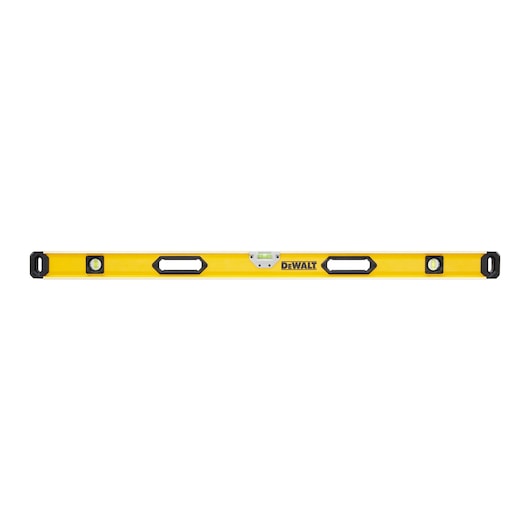 DeWALT 120cm box beam level with yellow aluminium body, three vials, black over-moulded end caps, and handles.