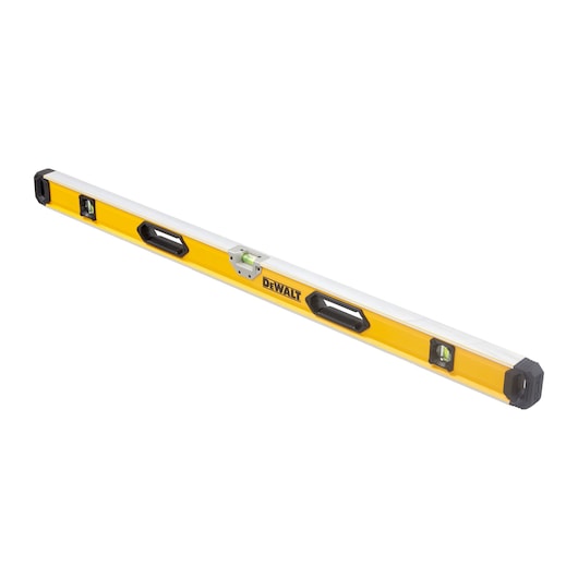 DeWalt 120cm box beam level with yellow body, three bubble vials, and black end caps.