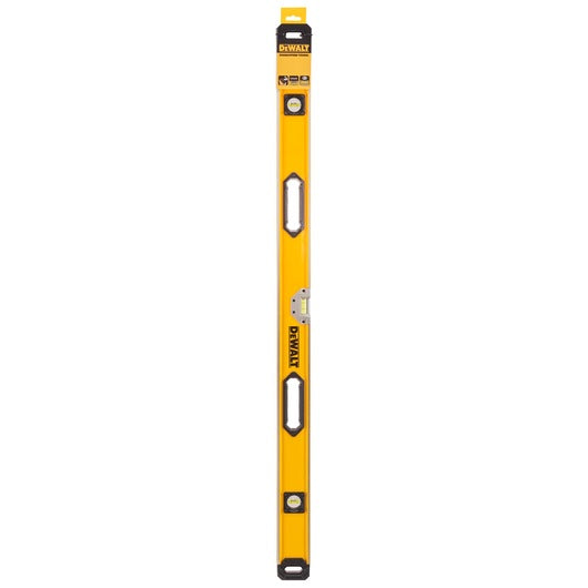 DeWalt 120cm box beam level in yellow with three bubble vials and two cutout handles.