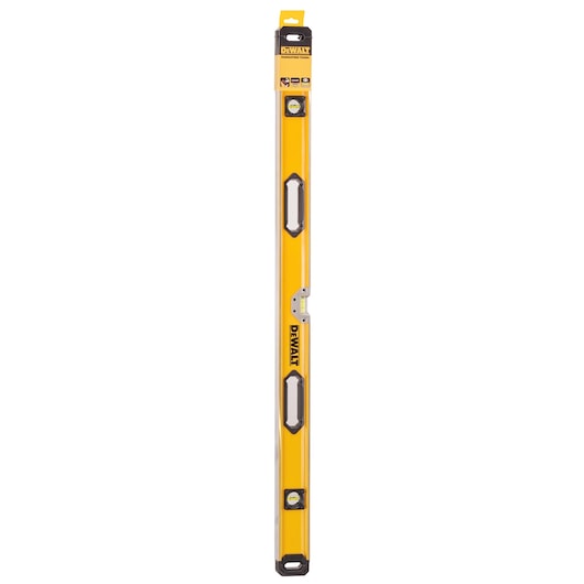 DeWalt 120cm box beam level in yellow with three bubble vials and black handles in packaging.