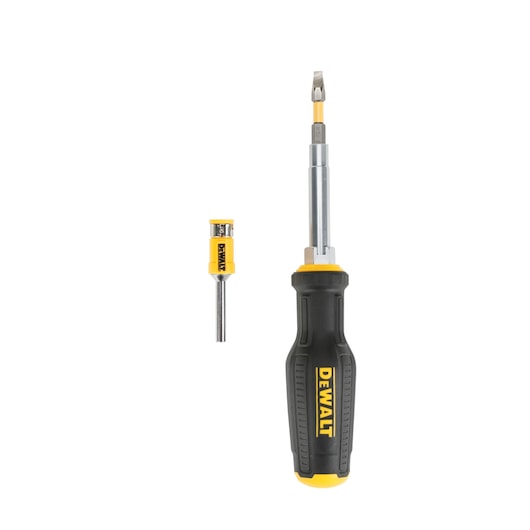 DeWALT Fullfit 6-Way Multi-bit Screwdriver with black and yellow handle and one double-sided bit shown separately.