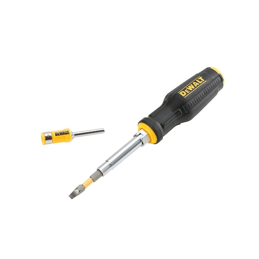 Dewalt Fullfit 6-Way Multi-Bit Screwdriver with black and yellow handle and one detachable bit shown separately
