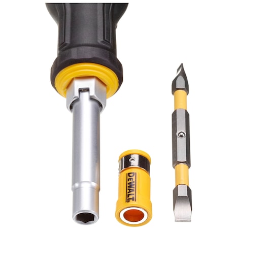 Close-up of Dewalt Fullfit 6-Way Multi-Bit Screwdriver handle, bit holder, and double-ended bit.