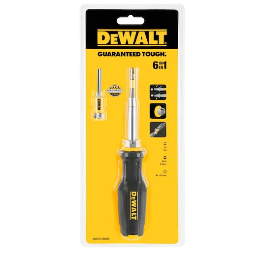 Dewalt Fullfit 6-Way Multi-Bit Screwdriver in packaging with black handle and two interchangeable bits visible