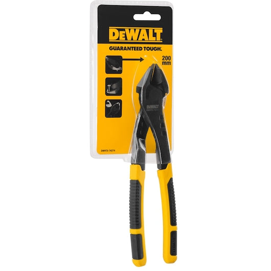 DeWalt 200mm demolition diagonal pliers with yellow and black handles in retail packaging.