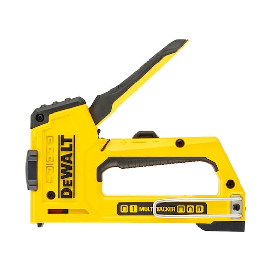 DeWalt 5-in-1 Multi-Tacker in yellow with black handle, side view showing trigger and staple loading area.