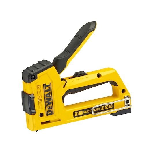 DeWalt 5 In 1 Multi Tacker in yellow and black, angled left showing handle and staple loading area