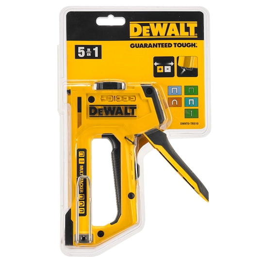DeWalt 5 In 1 Multi Tacker in yellow and black, packaged in clear plastic with yellow backing card.