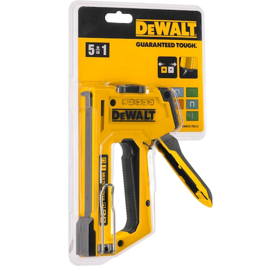 DeWalt 5 In 1 Multi Tacker in yellow and black, packaged in clear plastic with yellow backing card.