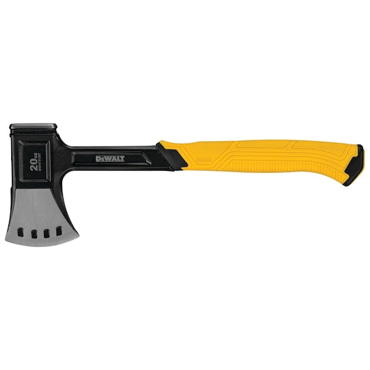 DeWalt 20 oz camping axe with forged steel head, scalloped blade, and yellow ergonomic handle shown flat on white background.