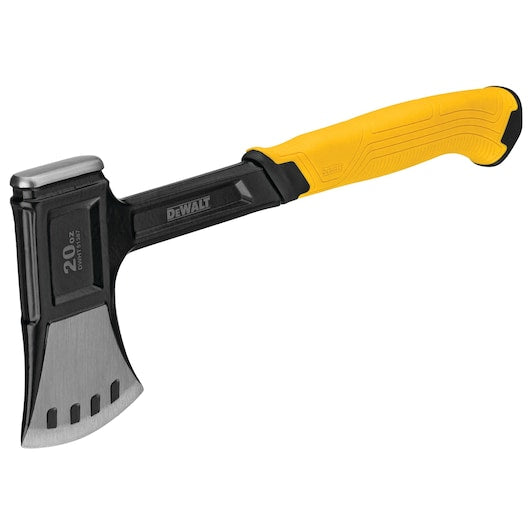 DeWalt 20Oz Camping Axe with black head and yellow ergonomic handle, angled view on white background