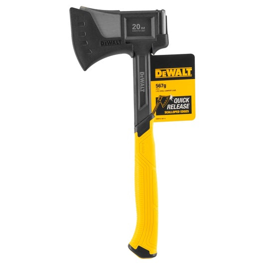 DeWalt 20Oz camping axe with black head and yellow handle, showing attached product tag.