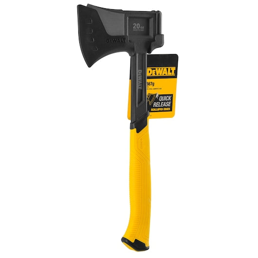 DeWalt 20Oz Camping Axe with black head and yellow handle, showing attached product tag.