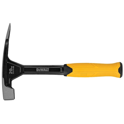 DeWalt 20 oz bricklayer hammer with black steel head and yellow ergonomic handle shown from the side.