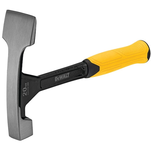 Dewalt 20oz bricklayers hammer with yellow rubber grip and steel head shown at an angle on white background
