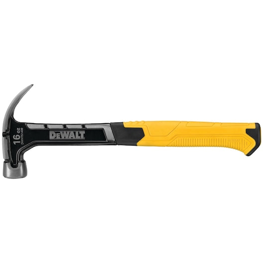 DeWALT Curve-Claw Hammer 16oz with smooth face, black and yellow ergonomic handle, side view.