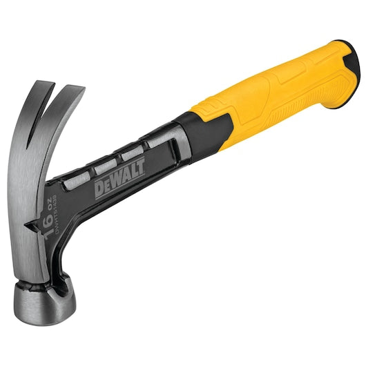 DeWalt 16oz curve-claw hammer with yellow grip and black steel head showing brand and weight markings