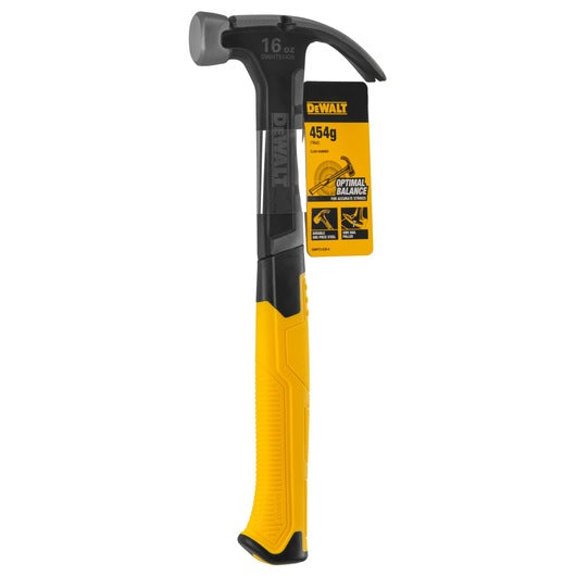 DeWalt 16oz curve-claw hammer with black head and yellow grip, showing attached product tag.