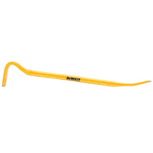 DeWalt 24-inch yellow wrecking bar with rounded prying end and beveled claw tip, side view on white background.
