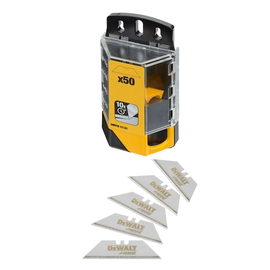 DeWalt Carbide Utility Blades 50-pack with yellow and black plastic dispenser and five blades fanned out below.