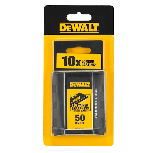 DeWalt 50-pack carbide utility blades in yellow and black packaging with 10x longer lasting claim.