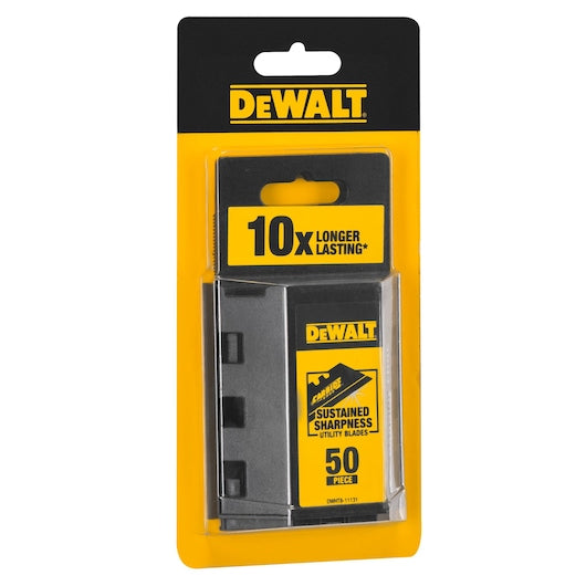 DeWalt 50-pack carbide utility blades in yellow and black packaging with "10x longer lasting" label.