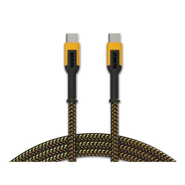DeWalt 1.2m USB-C to USB-C 100W charging cable with reinforced braided black and yellow jacket and labeled connectors.