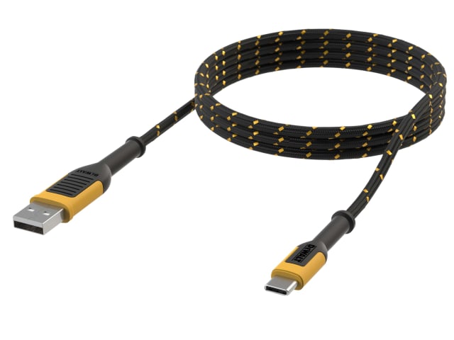DeWalt USB A to USB-C reinforced charging cable 1.8m with black and yellow braided jacket and molded connectors.