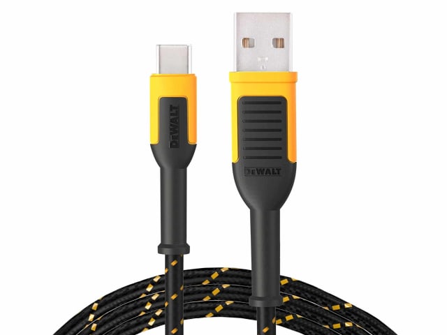 DEWALT USB A to USB C reinforced charging cable with black and yellow braided exterior, 1.8m length.