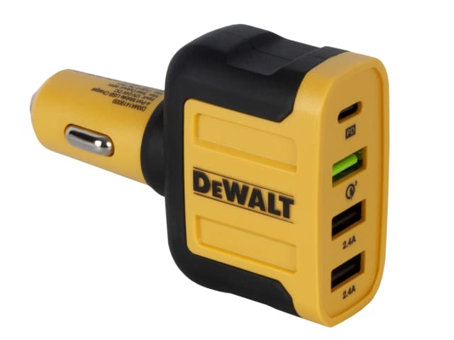 DeWalt 4-port USB PD car charger in black and yellow with USB-C and three USB-A ports visible.