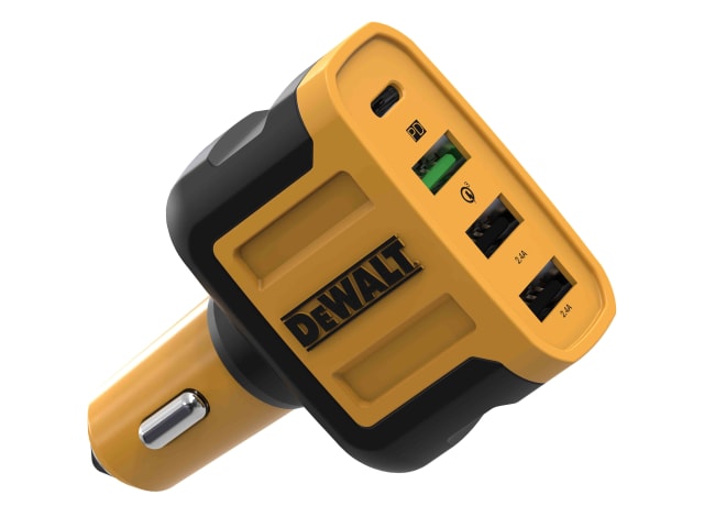 DeWalt 4-port 60W USB PD car charger with yellow and black casing, showing USB-C and three USB-A ports.