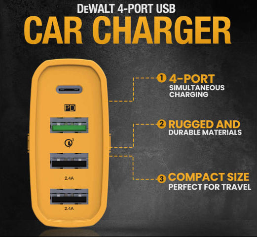 Yellow DeWalt 4-port USB PD car charger with one USB-C and three USB-A ports on a dark background.