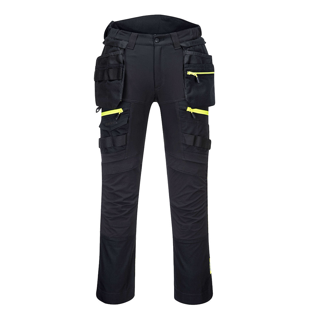 Black Portwest DX4 Holster Trousers with multiple pockets and yellow zipper details, front view.