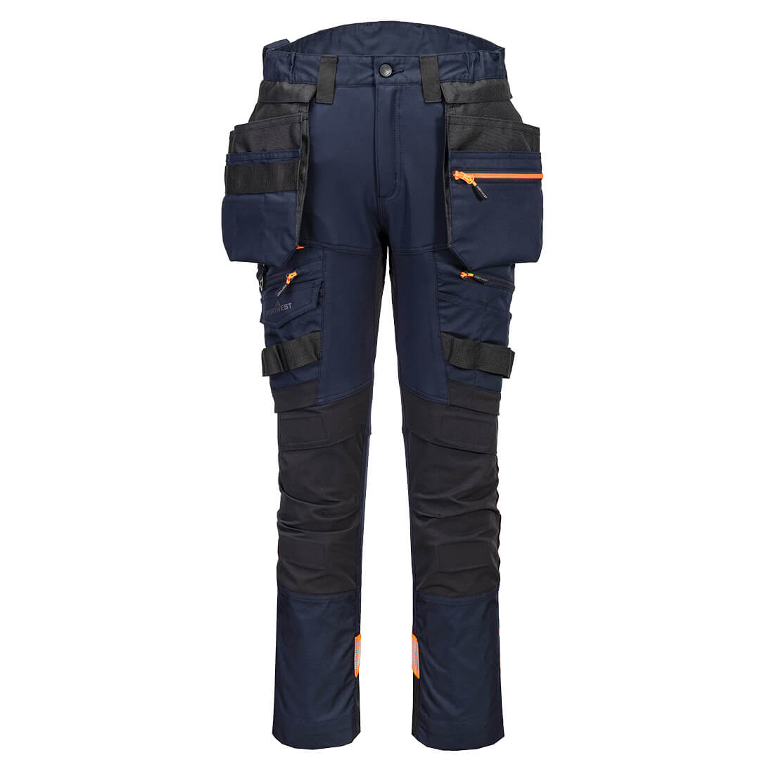 Dark navy Portwest detachable holster work trousers with black reinforced panels and multiple zippered pockets.