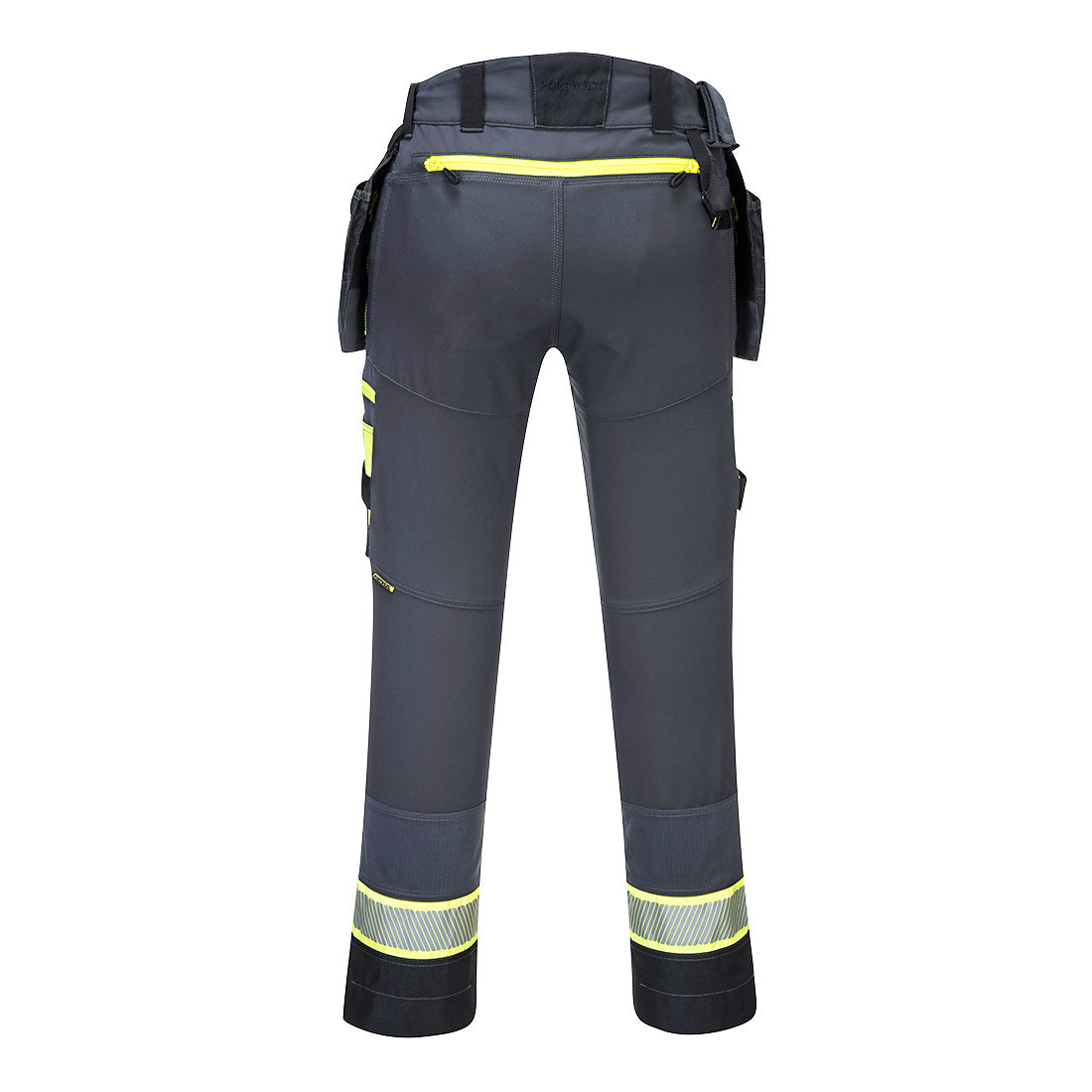 Back view of Portwest metal grey detachable holster pocket trousers with yellow reflective details.