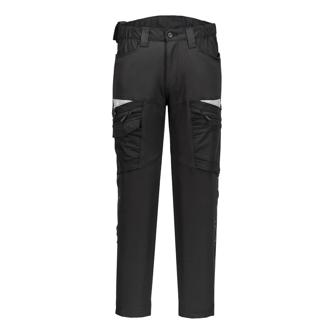 Black slim-fit Portwest DX4 Service Trousers with multiple pockets and reflective trim, front view.