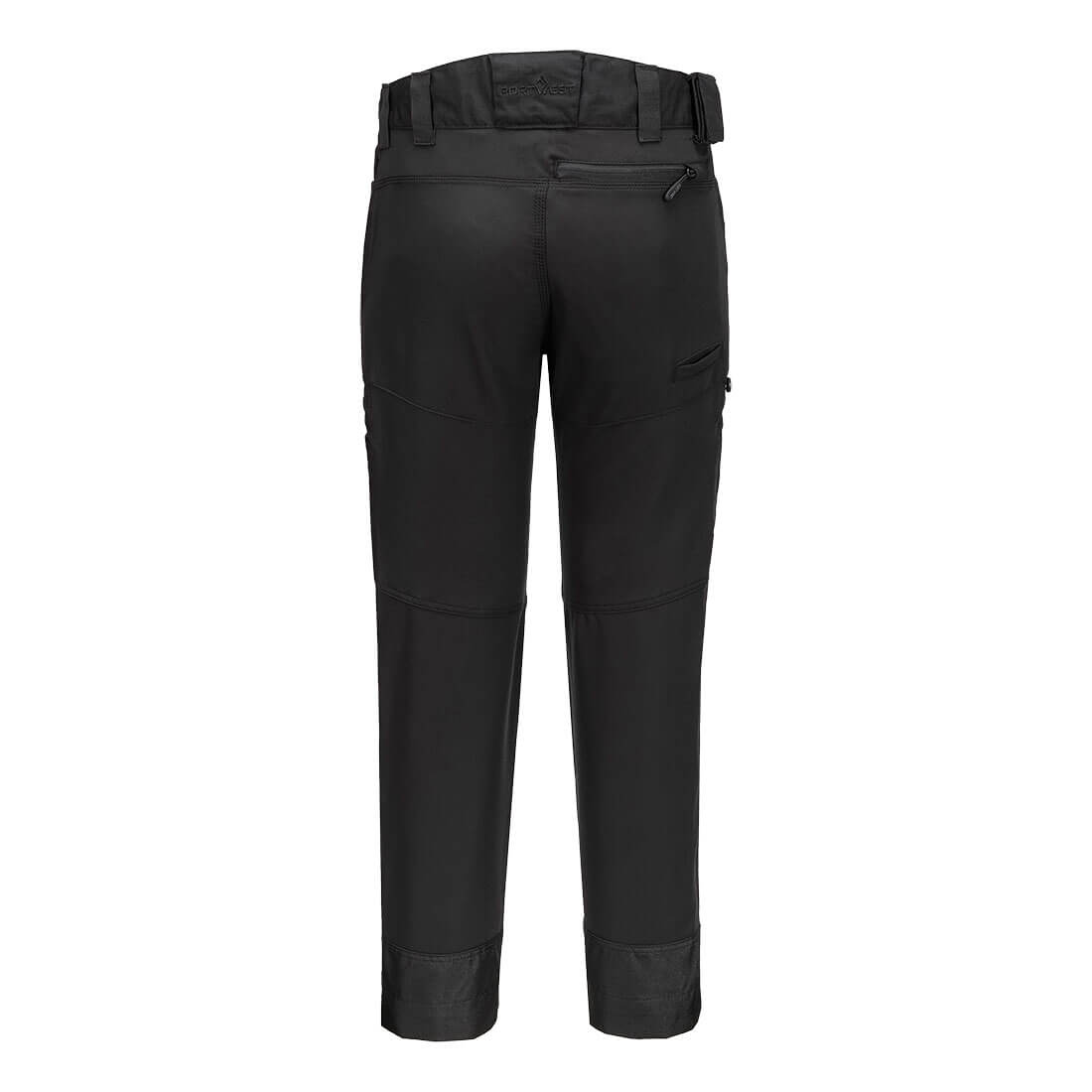Back view of black Portwest DX4 Service Trousers with zippered and patch pockets and reinforced cuffs