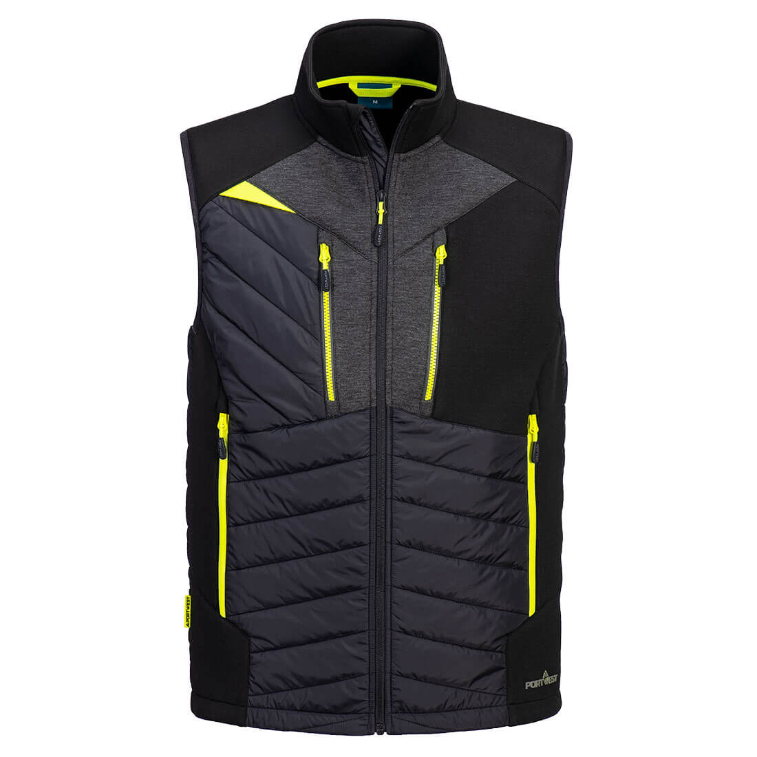 Portwest DX4 Hybrid Baffle Gilet in black with neon yellow zippers and contrast panels, front view.