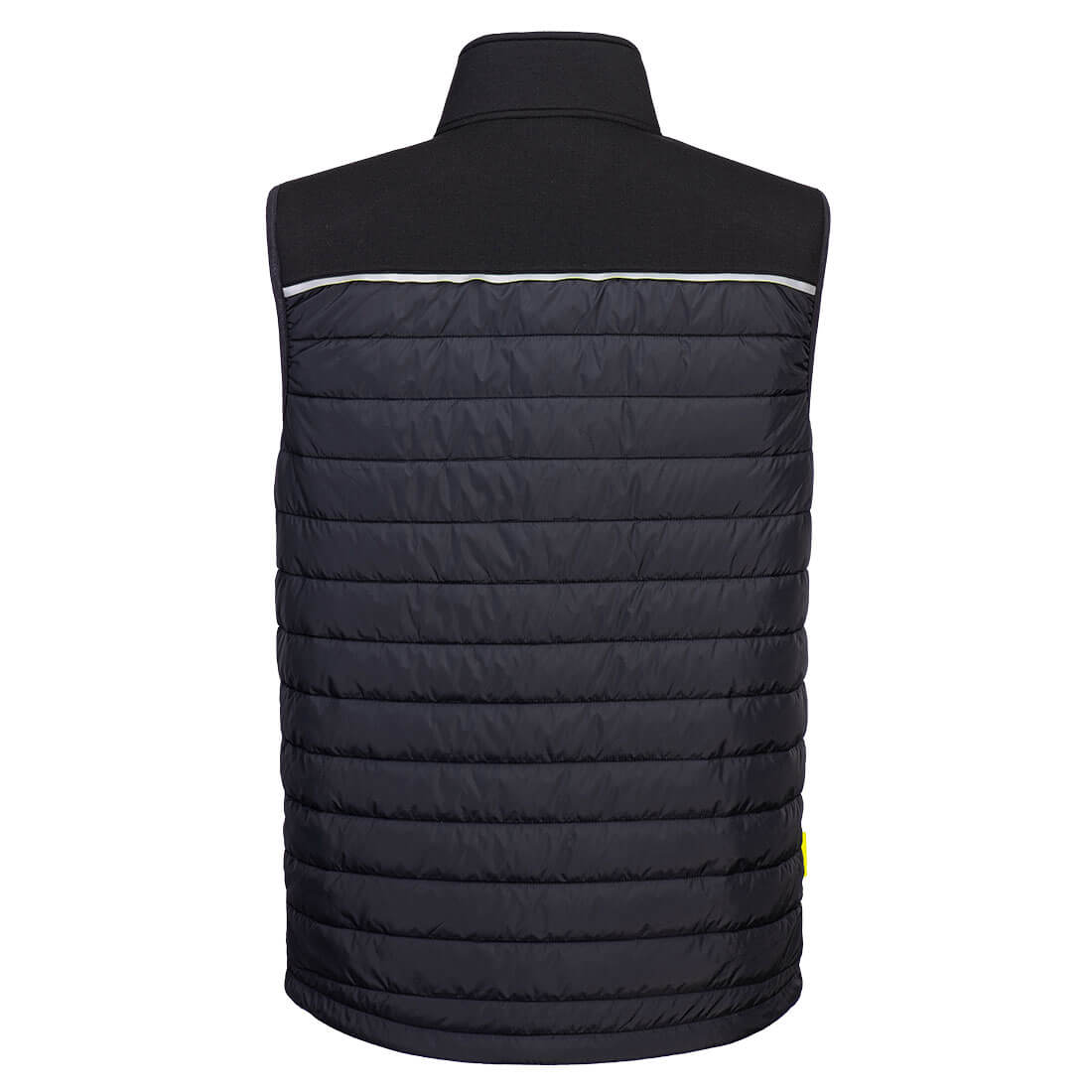 Back view of black Portwest DX4 Hybrid Baffle Gilet with horizontal quilted stitching and high collar